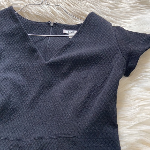 Cato solid black midi v neck A line short sleeve zip up 1950s little black dress - Picture 7 of 17